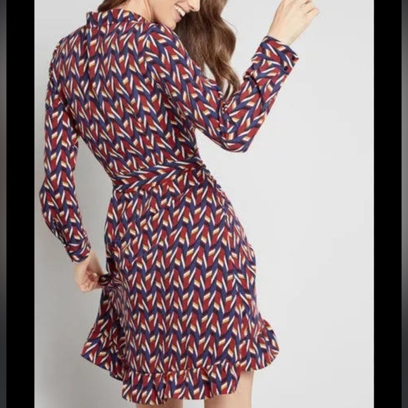 Lace & mesh/ModCloth long sleeve faux wrap mini dress retro geometric print mini - Picture 11 of 13